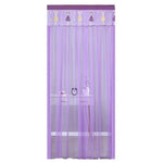 rideau porte decoratif rose violet turquoise personnages enfants plissures bordure motifs translucide enfantin barre