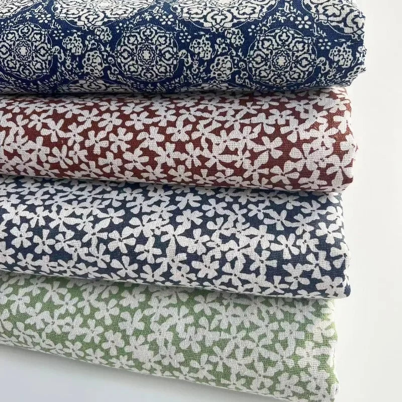 tissu coton lin motifs fleurs blancs classique bleu marine vert olive rouge bordeaux 150x50cm
