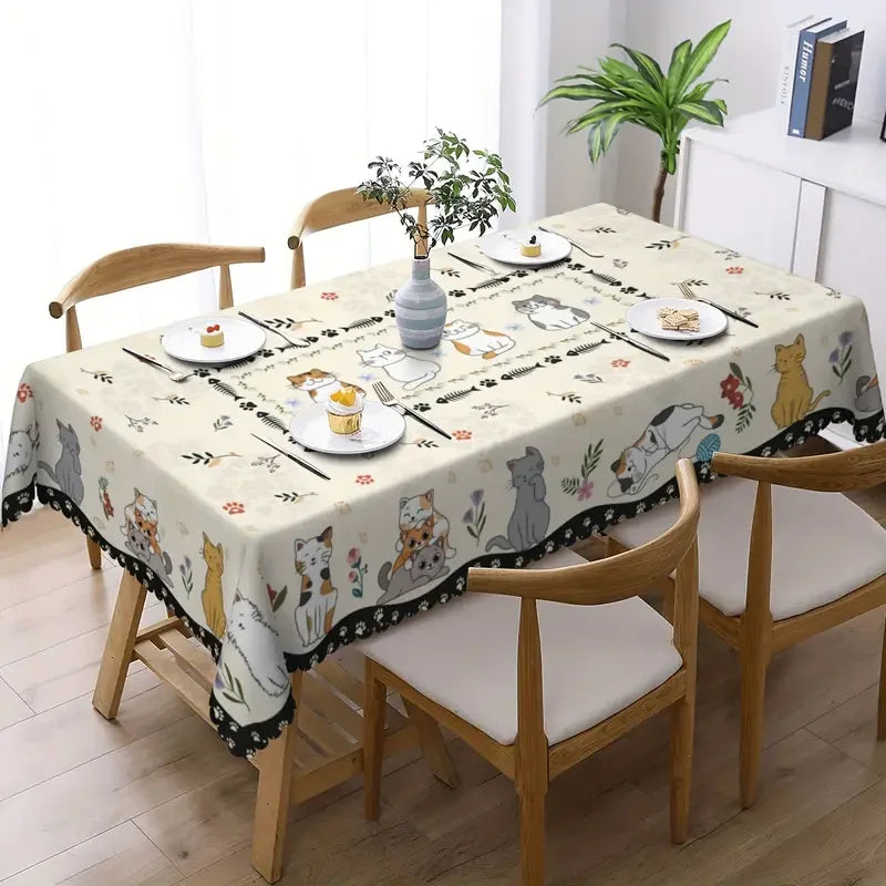 nappe rectangulaire chats fleurs moderne polyester réutilisable décoration table beige noir gris.orange blanc