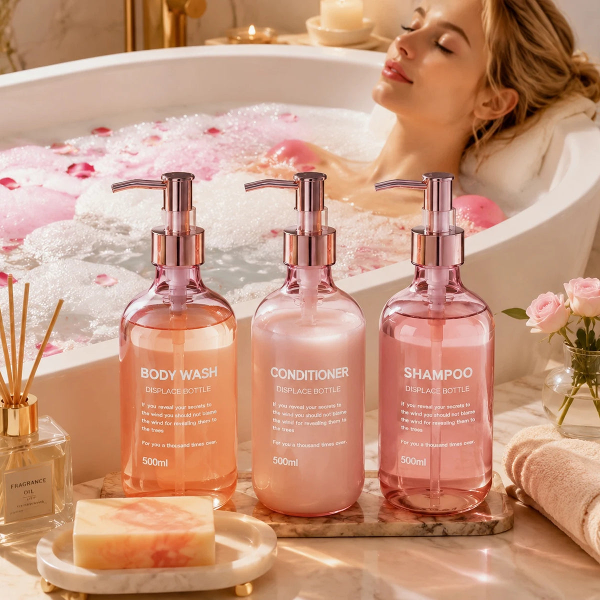 distributeurs douche rose verre texturé moderne ensemble salle bain 500ml translucent