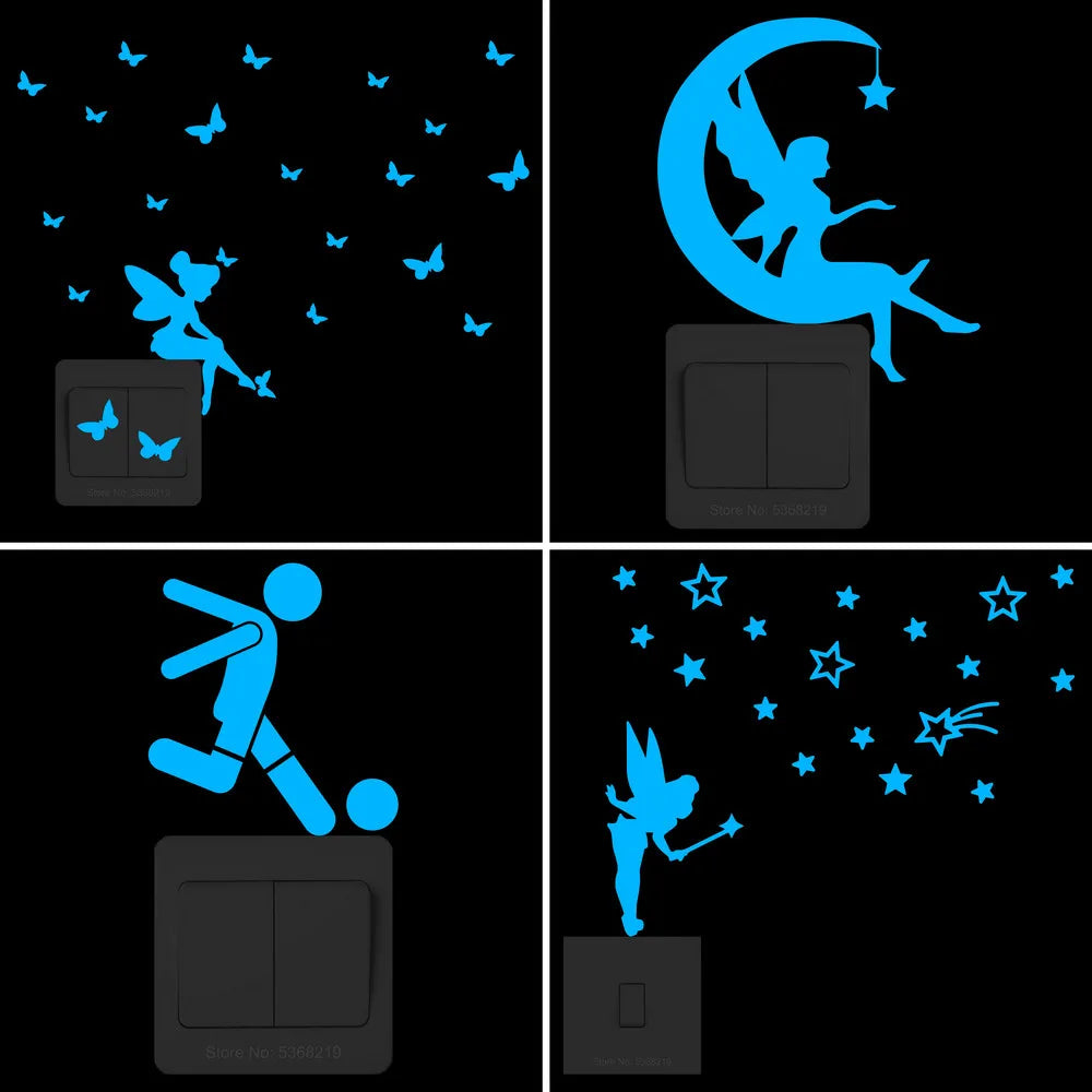 autocollants interrupteurs murales silhouettes fée chat bleu adhésif minimaliste décoration chambre enfants résistants eau