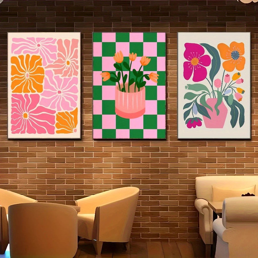 tableau toile art fleurs abstraites moderne cadre bois décoration salon chambre rose orange vert