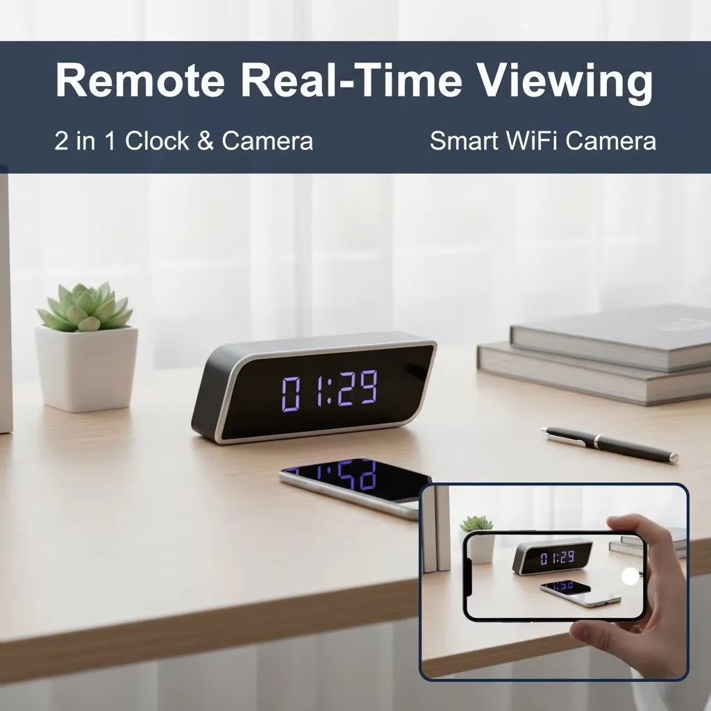 caméra horloge numérique full hd wifi vision nocturne batterie microsd noir bleu moderne