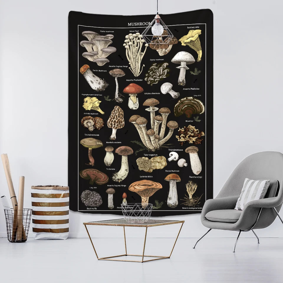 tapisserie murale tissée champignons noirs vintage décoration chambre sorcellerie bohème polyester rectangle