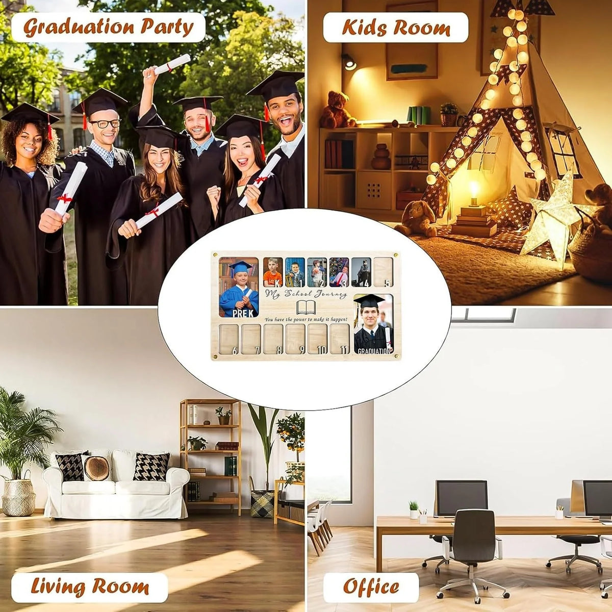 cadre photo bois My School Journey emplacements photos texte gravé rustique
