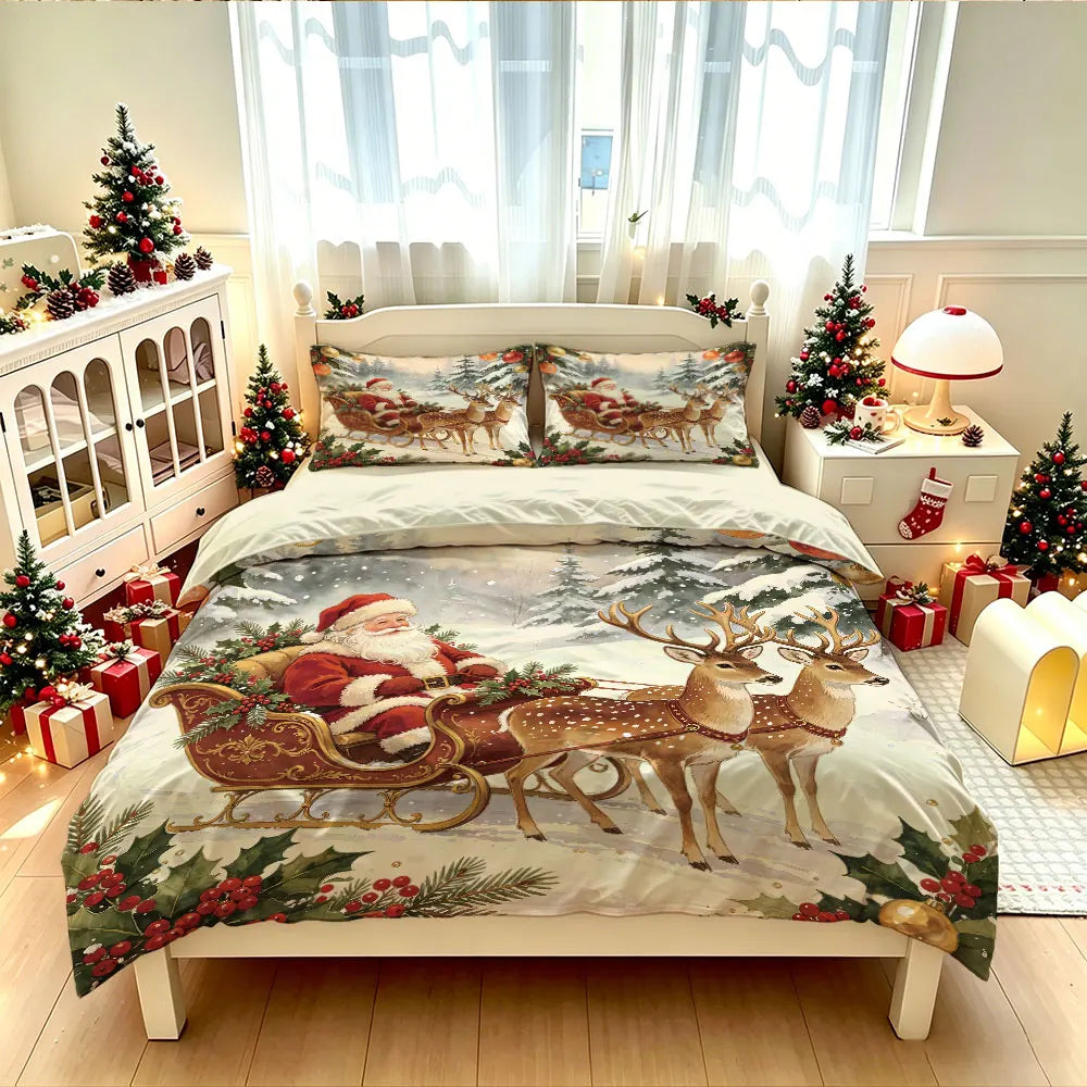 ensemble literie noël père noël blanc rouge vert taies d'oreiller couverture polyester single double