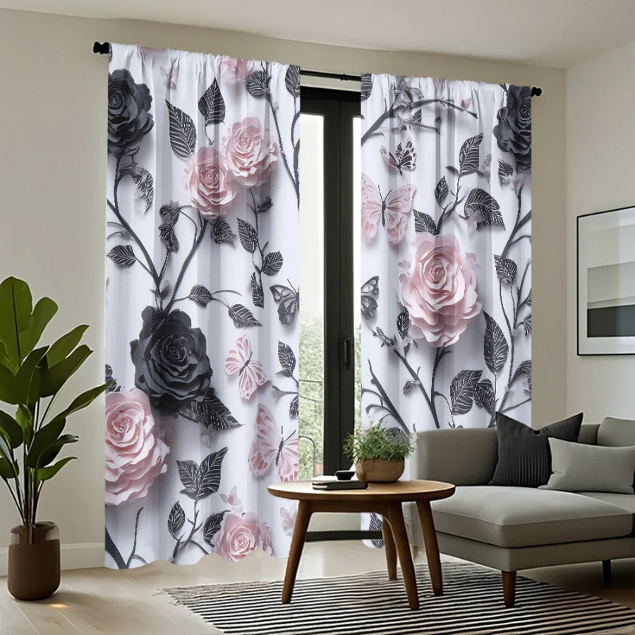 rideau moderne fleuri blanc rose noir floral 100 polyester dimension variable
