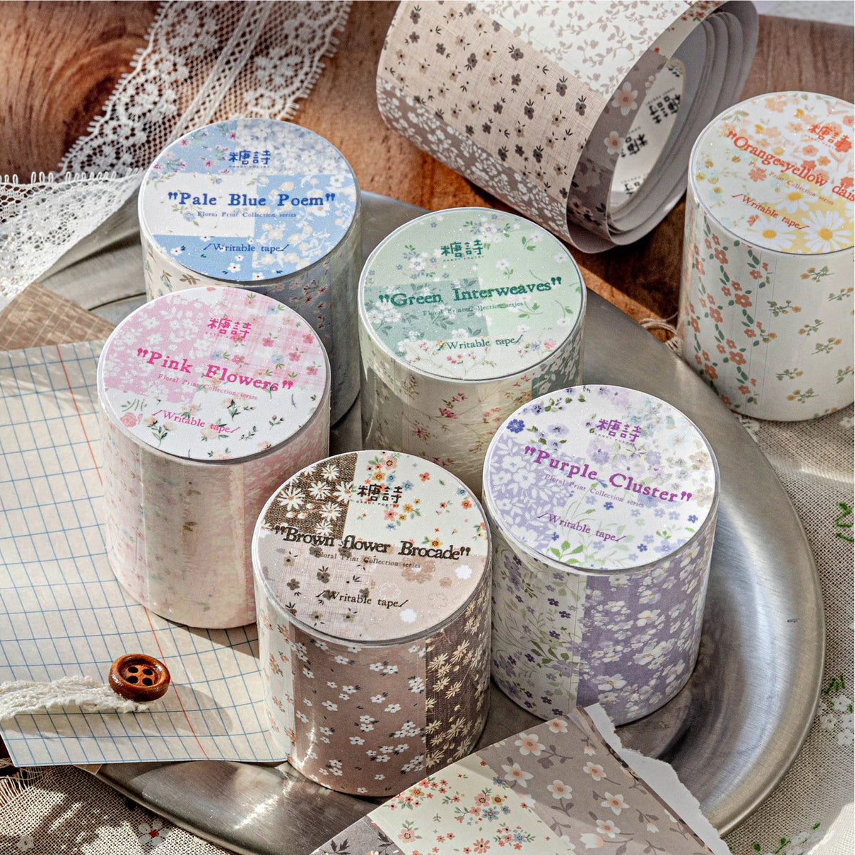 rubans adhésifs décoratifs fleurs vintage blanc bleu vert rose marron violet points floral scrapbooking