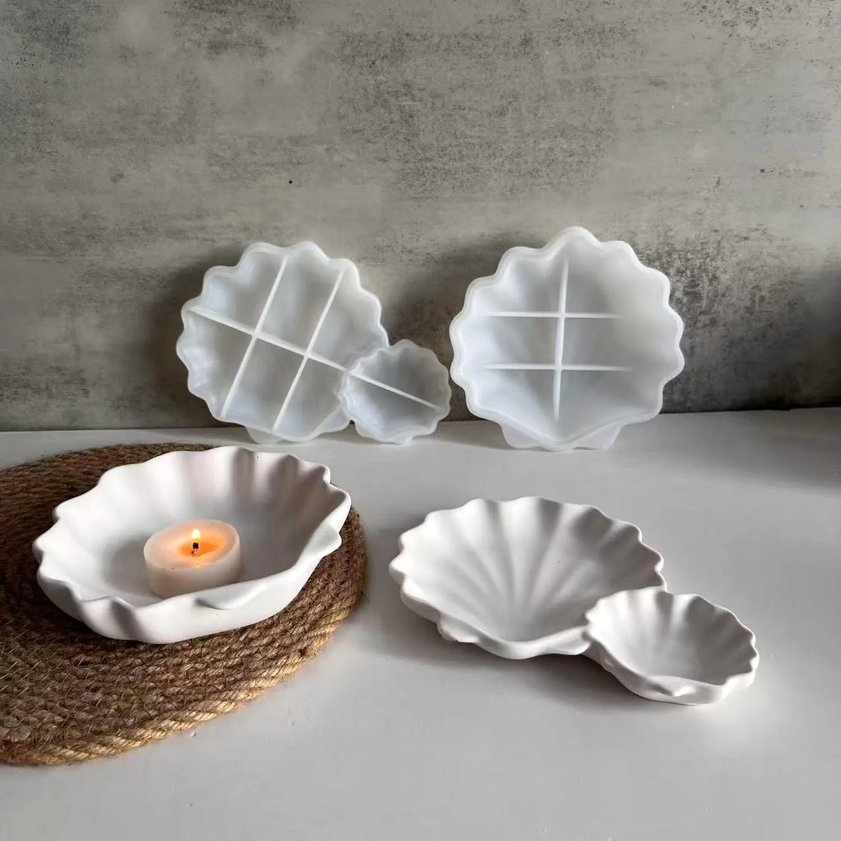 assiettes decoratives coquillage blanc nervures silicone plateaux compartiments bougie naturellements