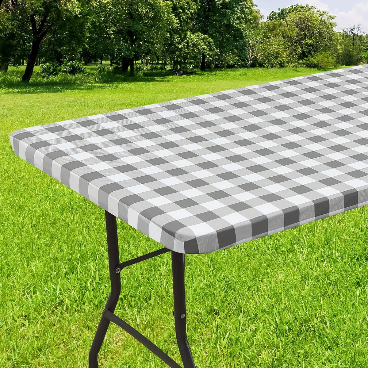 nappe table imperméable vert blanc carreaux moderne clips fixation camping usage extérieur