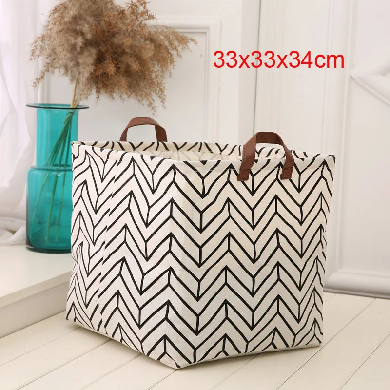 panier rangement pliant lin blanc noir rayures lettres poignées cuir moderne