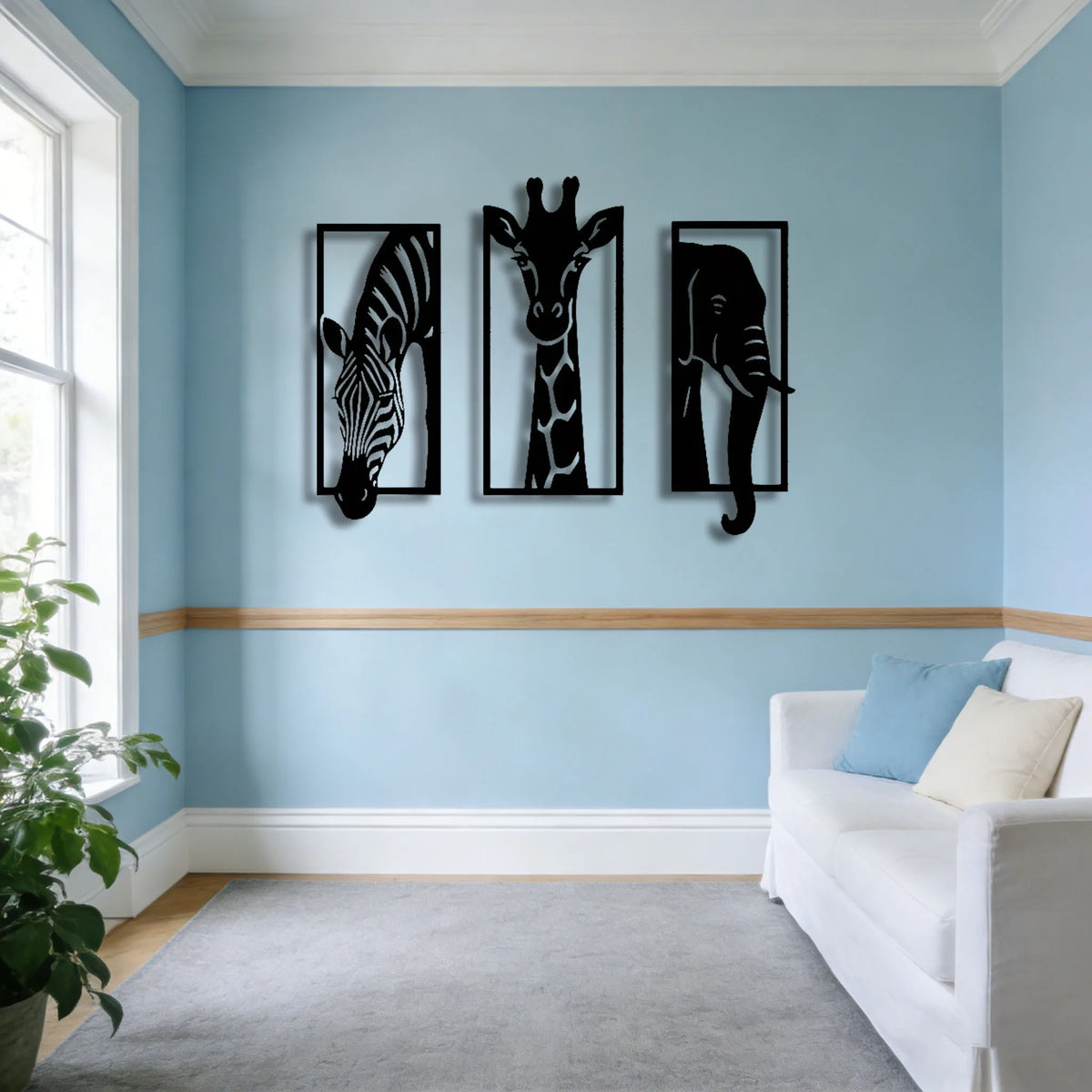 décoration murale moderne animaux zèbre girafe éléphant noir silhouettes intérieur extérieur minimaliste