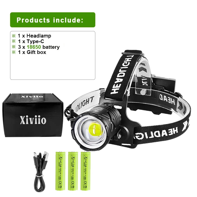lampe frontale led rechargeable puissante pêche camping exploration headlamp noir adjustable