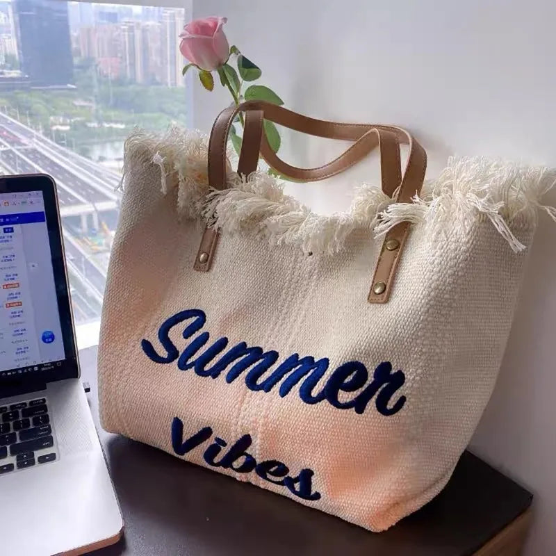 sac main toile vert olive rose beige clair franges été pliable durable haute qualité