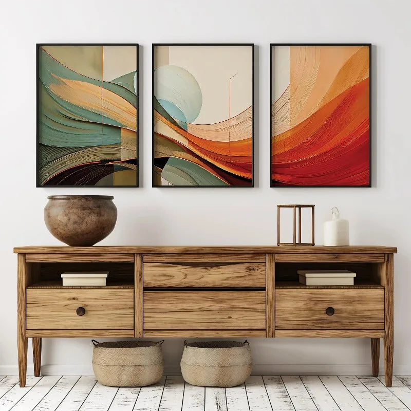 tableaux contemporains abstraits vert beige orange sans cadre moderne decoration intérieure ondulé