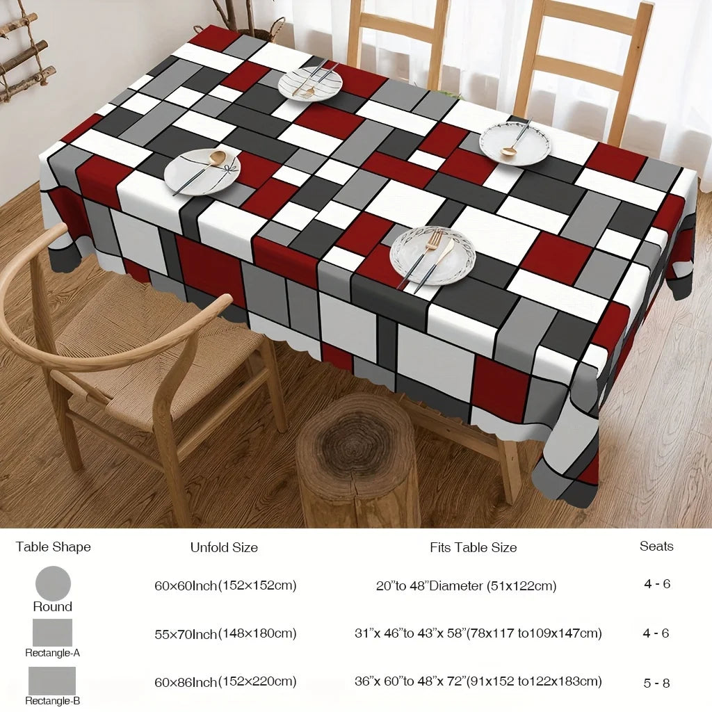 nappe table géométrique rouge gris blanche moderne polyester réutilisable 140x180cm