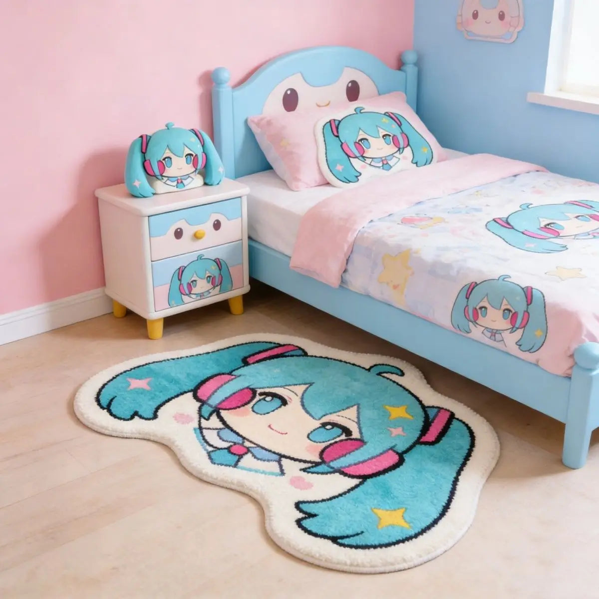 tapis animé bleu rose étoiles coeurs lapins cartoon chambre dérapant 50x80cm