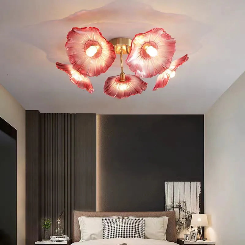 lampe suspendue moderne or rose ampoules led fleurs stylisées élégante vitrail translucide interrupteur tactile