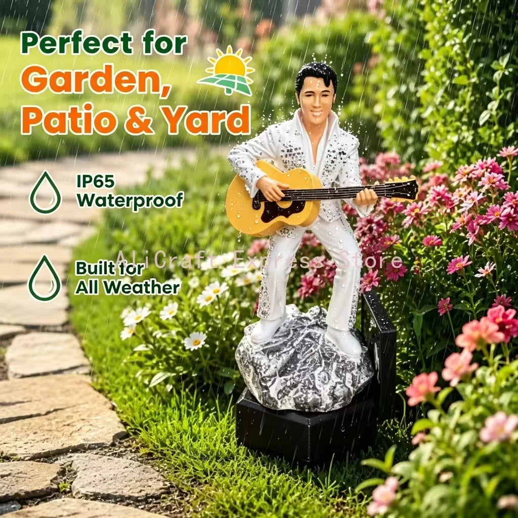 statue elvis presley guitare résine lumière solaire décoration extérieure égyptienne paillettes base rocheuse éléments