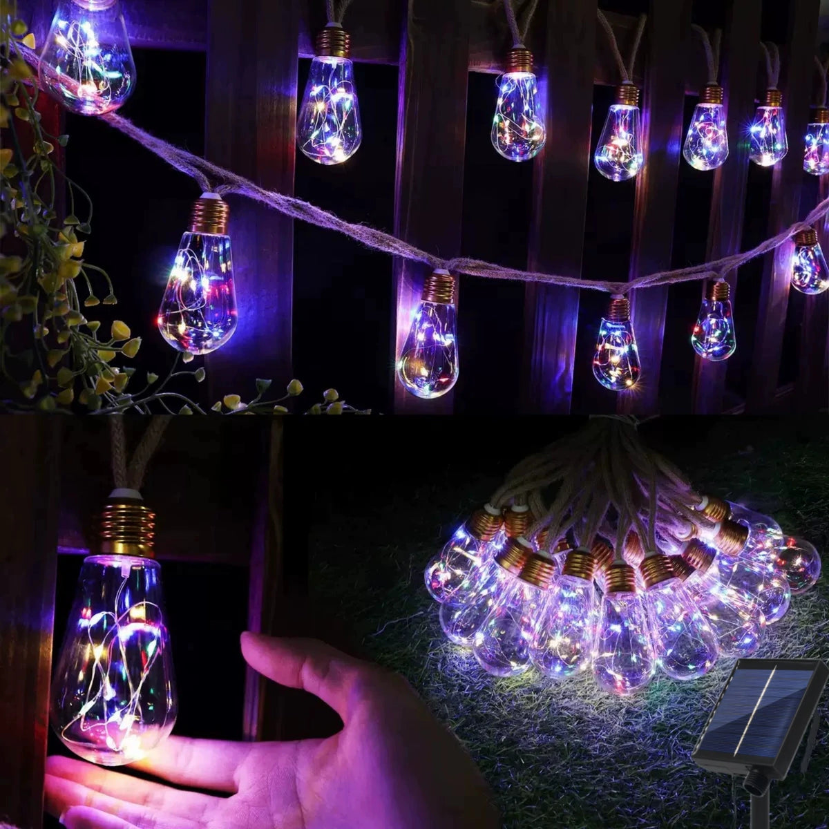 guirlande lumineuse solaire 16 ampoules vintage transparente marron clair bohèmeextérieur