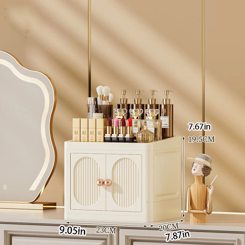 boîte rangement cosmétique tiroirs plastique moderne beige clair panneaux verticaux transparents organisation salon chambre