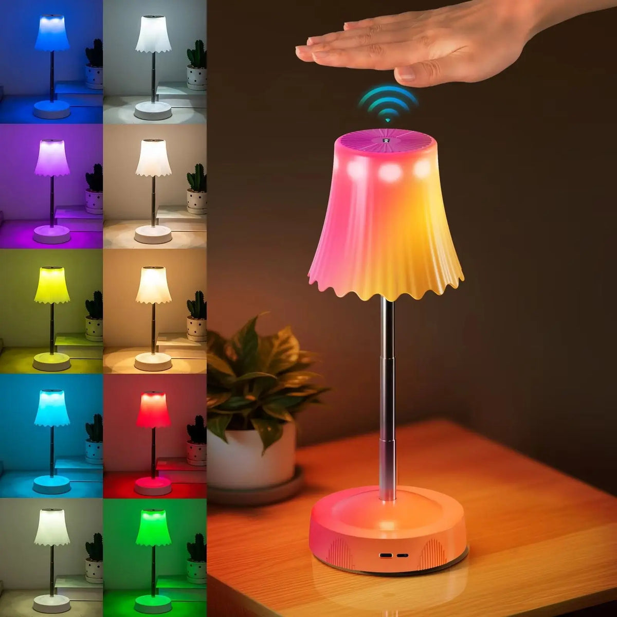 lampe chevet rechargeable led rgb plissée moderne abat jour opaque rose blanche verte