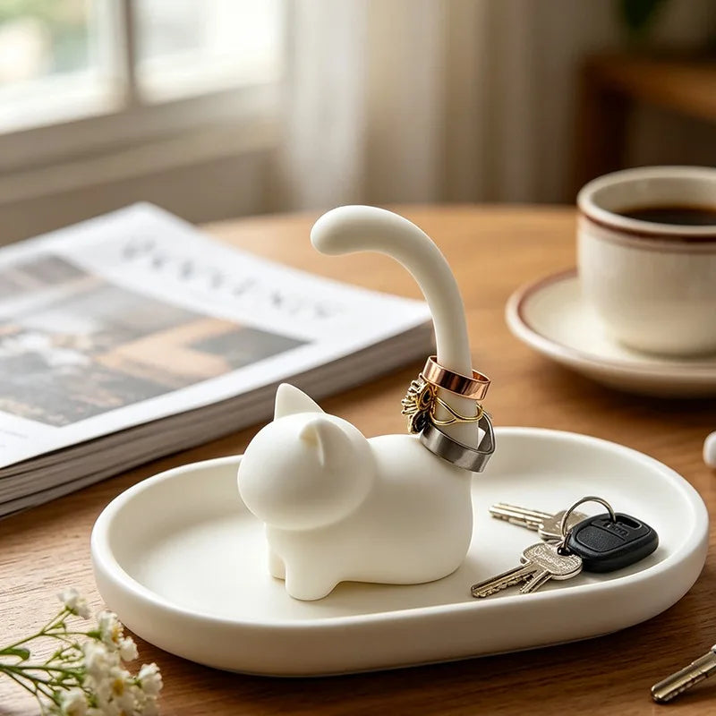 porte bijoux chat forme moderne blanc doré anneaux clés bracelets ornement table chambre entrée