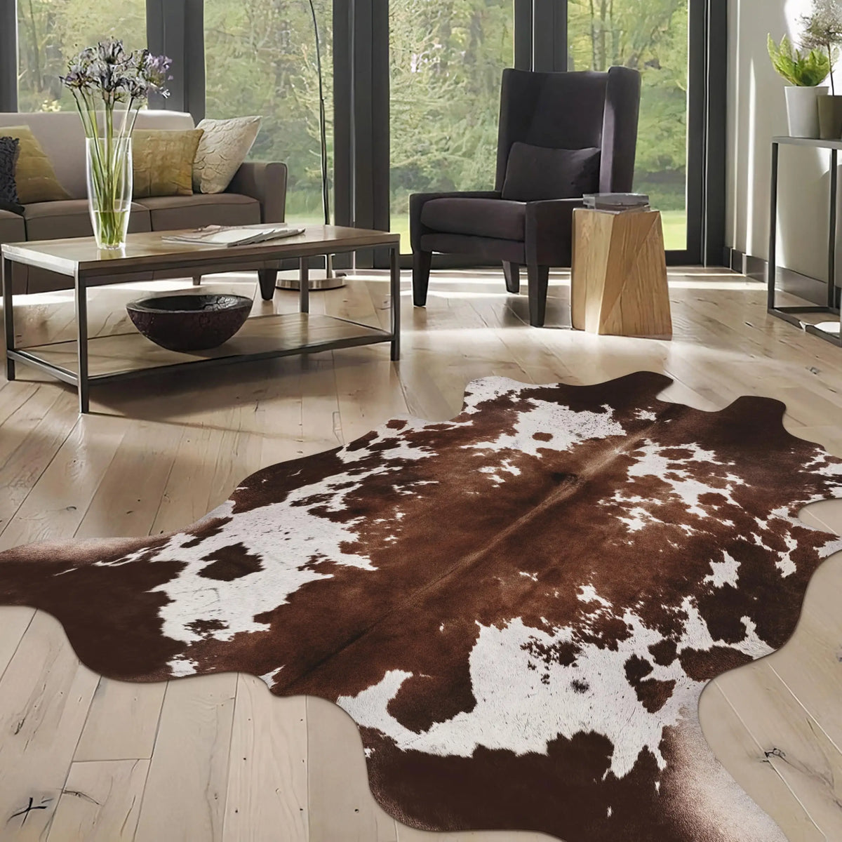 tapis marron blanc peau vache aspect naturel moderne rustique polyester jacquard rectangle salon chambre