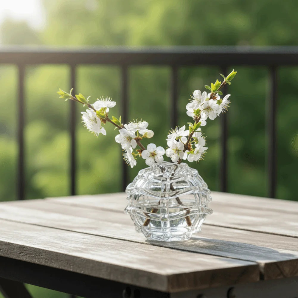vase verre transparent motif structuré fleurs blanches iris violets table bois nature déco intérieure