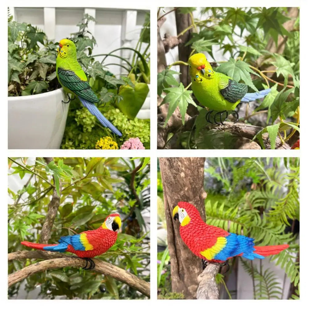 statuette perroquet résine couleurs vives plumes décoratif tropical pot fleurs