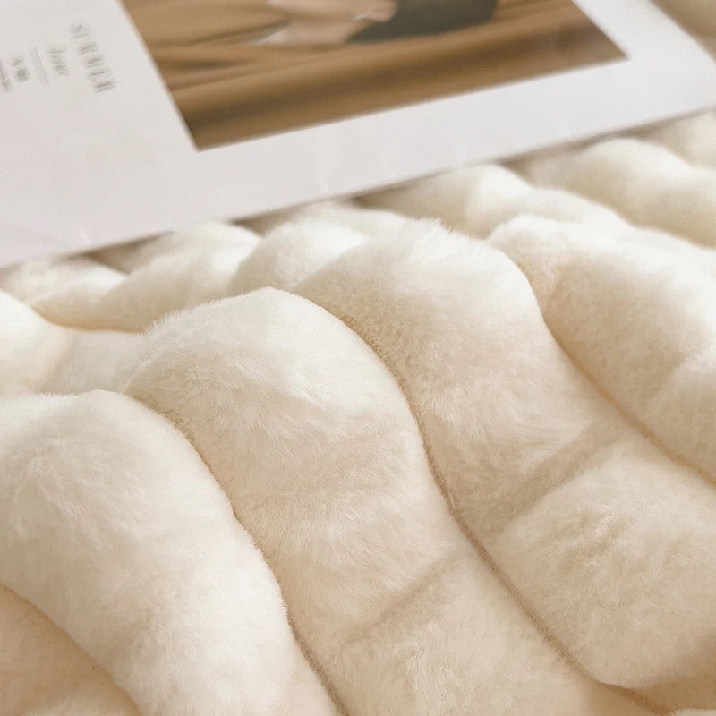 couverture double couche fausse fourrure beige rayures horizontales deux oreillers canapé