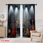 rideau moderne rock instruments musique noir gris blanc rouge jaune imprimé polyester machine