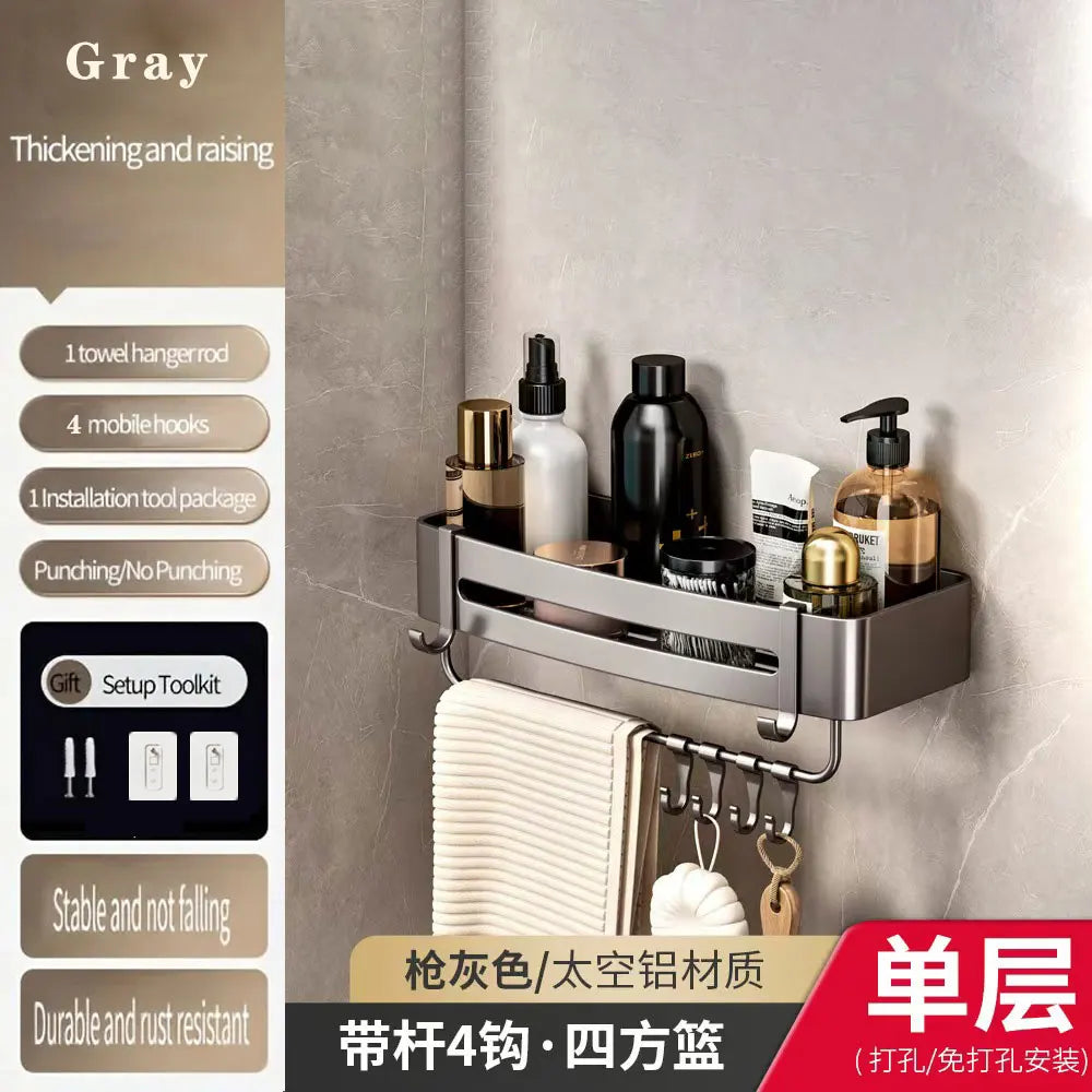 étagère murale triangulaire salle bain gris métal crochets rangement douche moderne autocollante