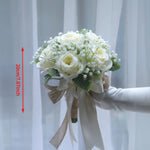 bouquets mariage roses artificielles bleu blanc vert romantique fleurs veloutées feuilles ruban satin blanc