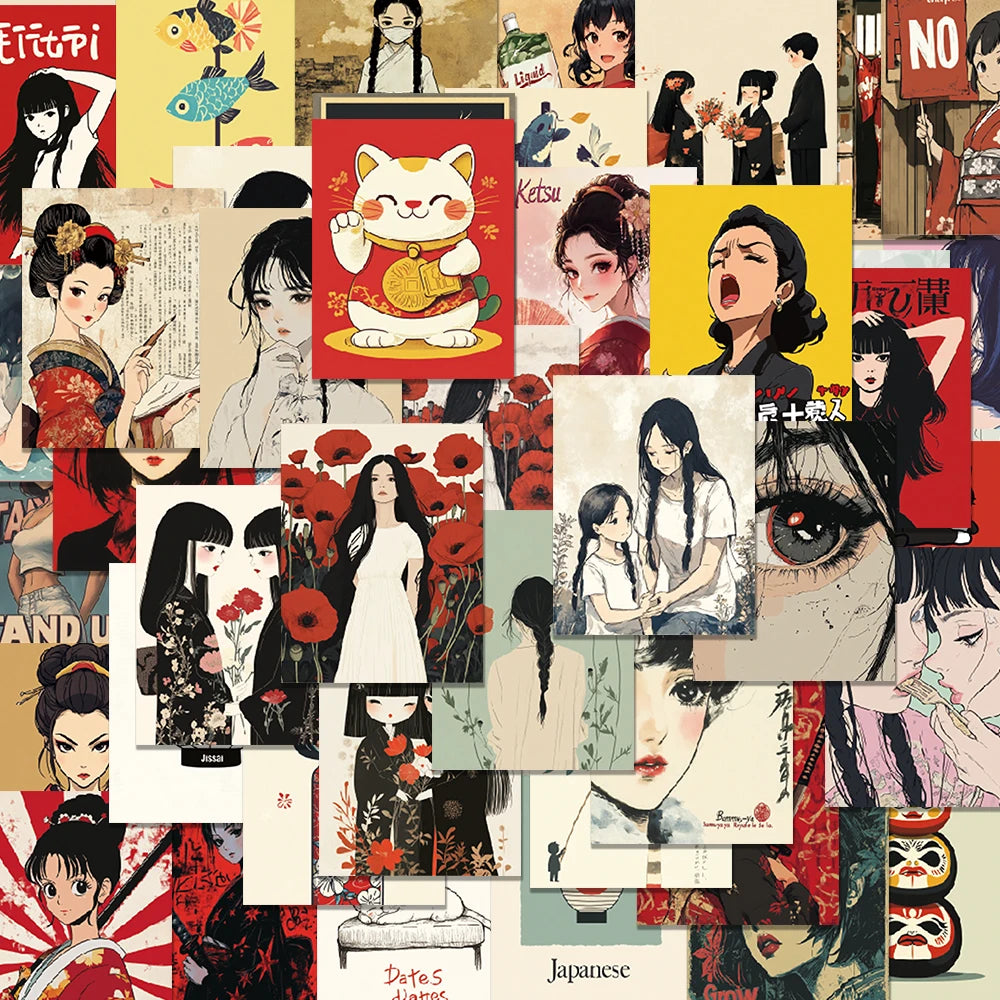 autocollants adhésifs art japonais traditionnel cartes postales multicolores illustrations fleurs masques rouges noirs blancs