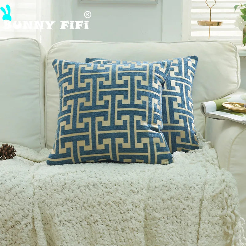 coussin patchwork géométrique bleu gris moderne 45x45cm polyester cotonversible décoration intérieure