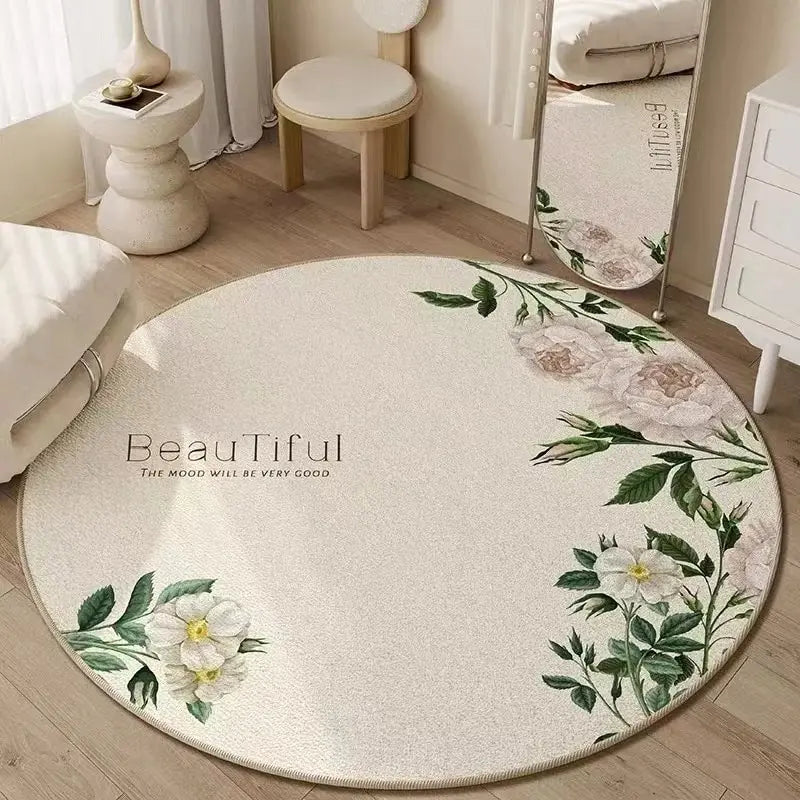 tapis rond fleuri polyester pastoral beige rose vert blancextérieur chambre salon