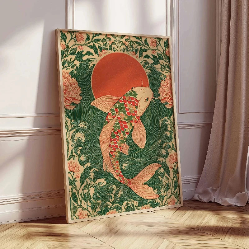 affiche murale poisson koi fleurs vagues art nouveau couleur verte rouge beige rose clair