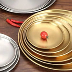 assiettes acier inoxydable or argent rondes modernes différentes tailles buffet dessert pizza