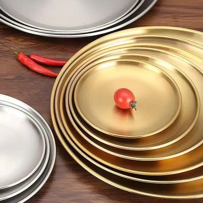 assiettes acier inoxydable or argent rondes modernes différentes tailles buffet dessert pizza