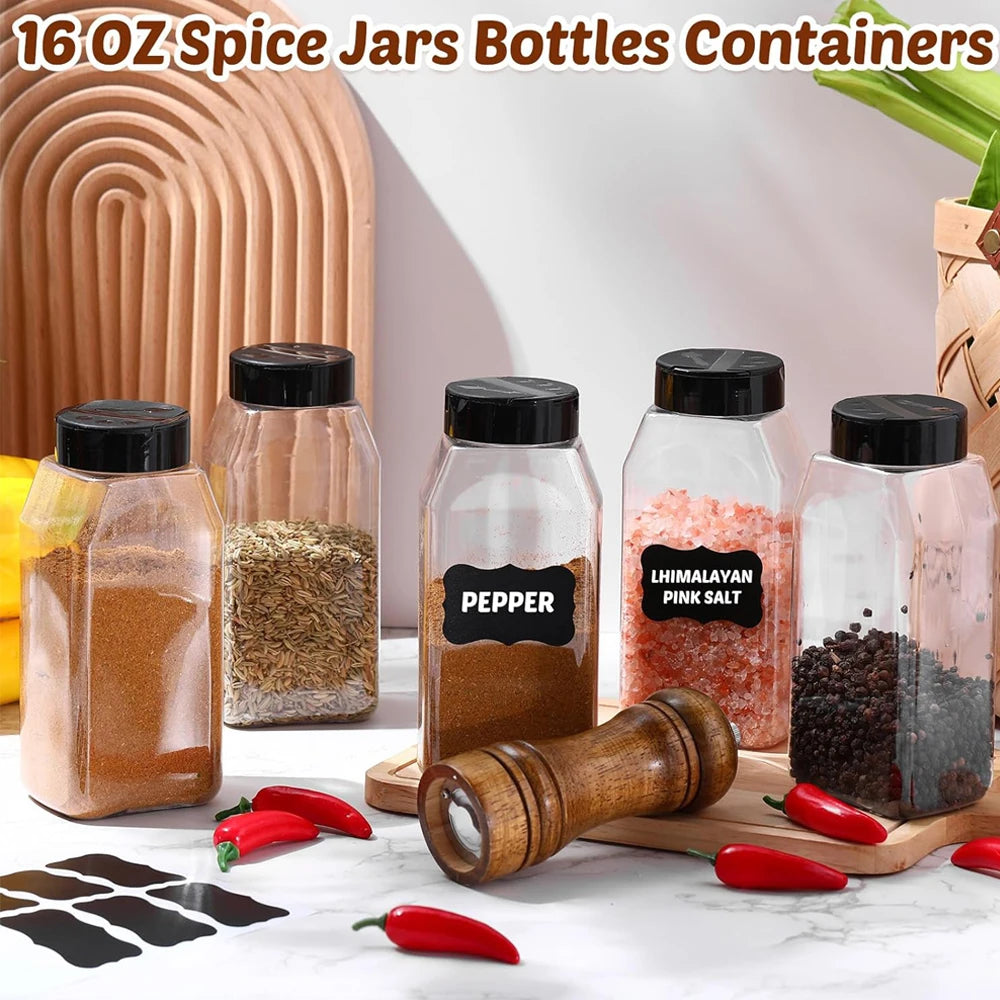 bocaux plastique transparents couvercle noir shaker assaisonnement herbes épices stockage moderne minimaliste