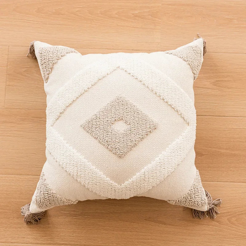 housse coussin beige motif géométrique brodé crocheté moderne amovible lavable boho chic