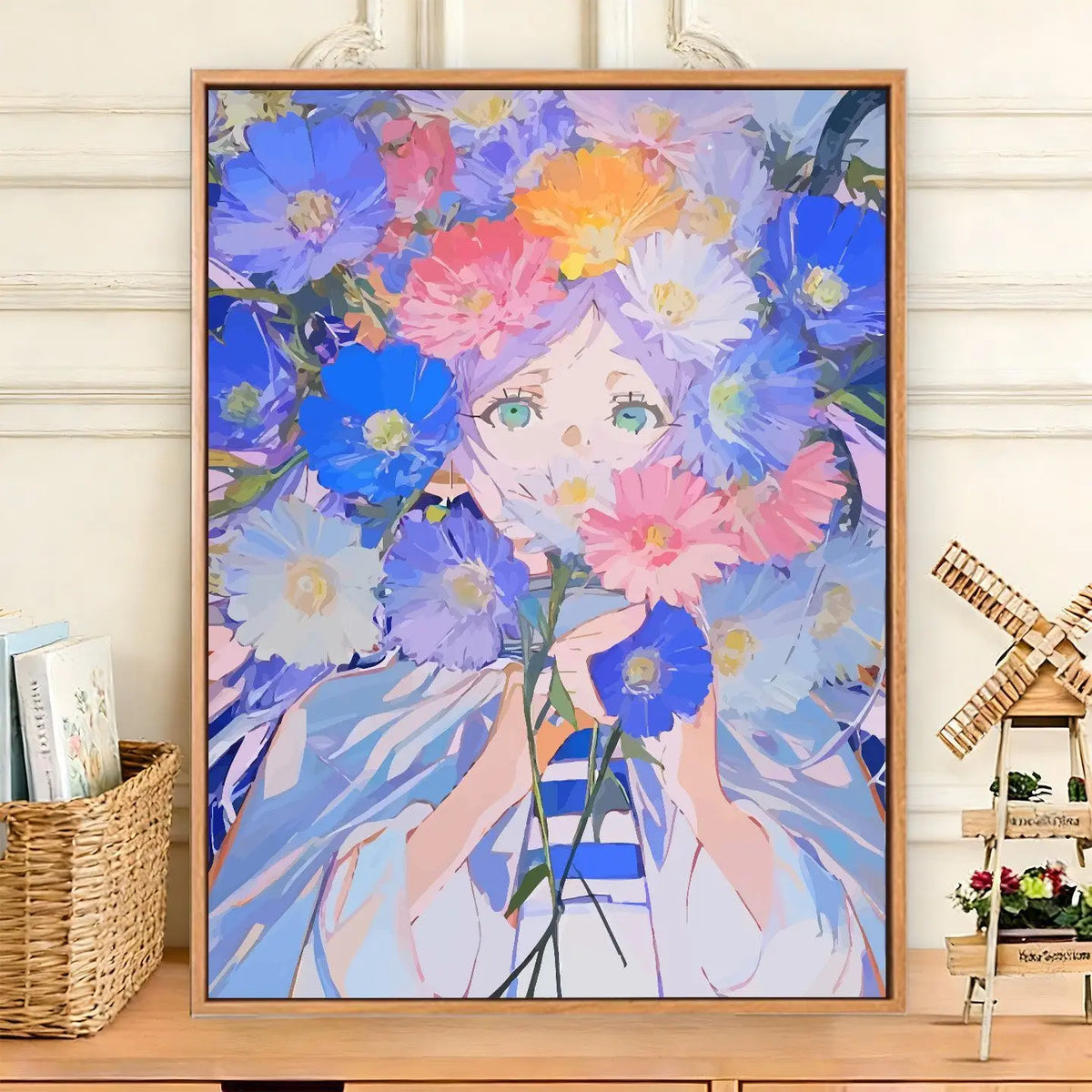 peinture numéro fleurs elfe bleu blanc vert rose toile adulte numérique