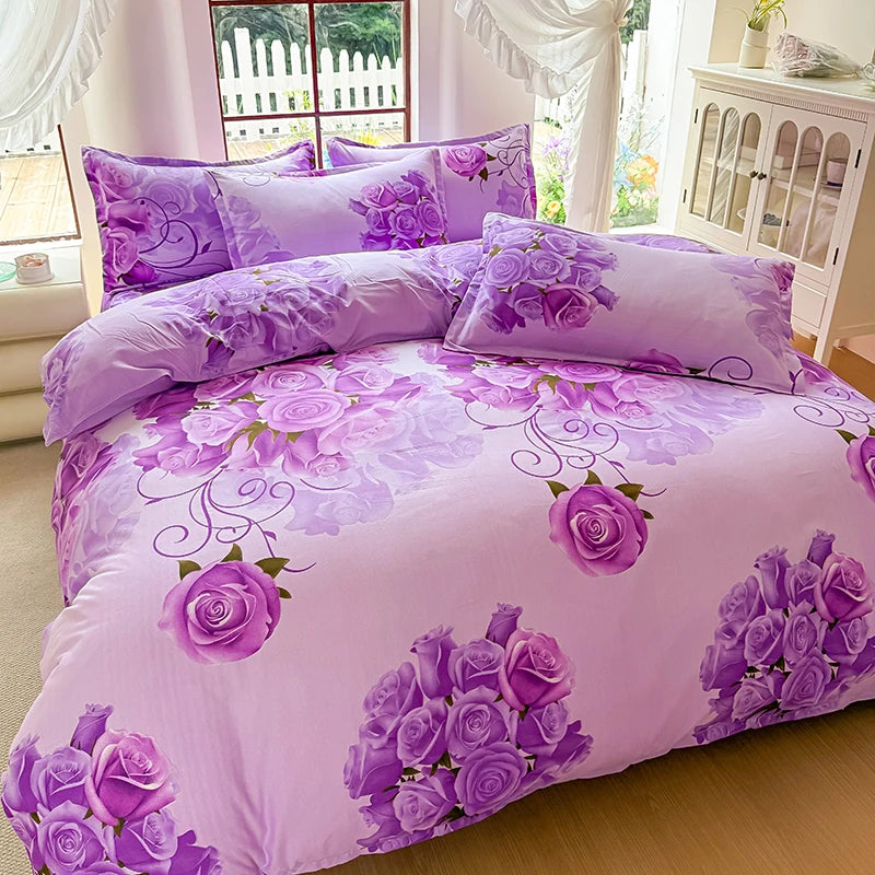 ensemble literie violet clair roses imprimées housse couette taies d'oreiller zippées moderne lit 150x200cm