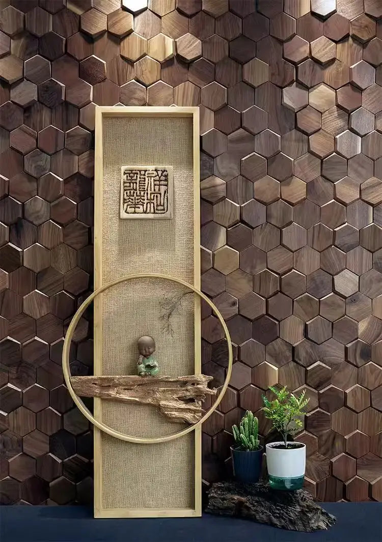 Décoration murale hexagonale 3D bois métal beige