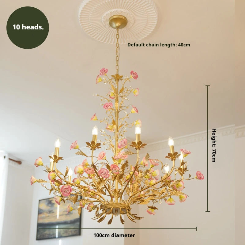 lustre suspendu led rose céramique fleurs cristaux classique interrupteur tactile chambre salon