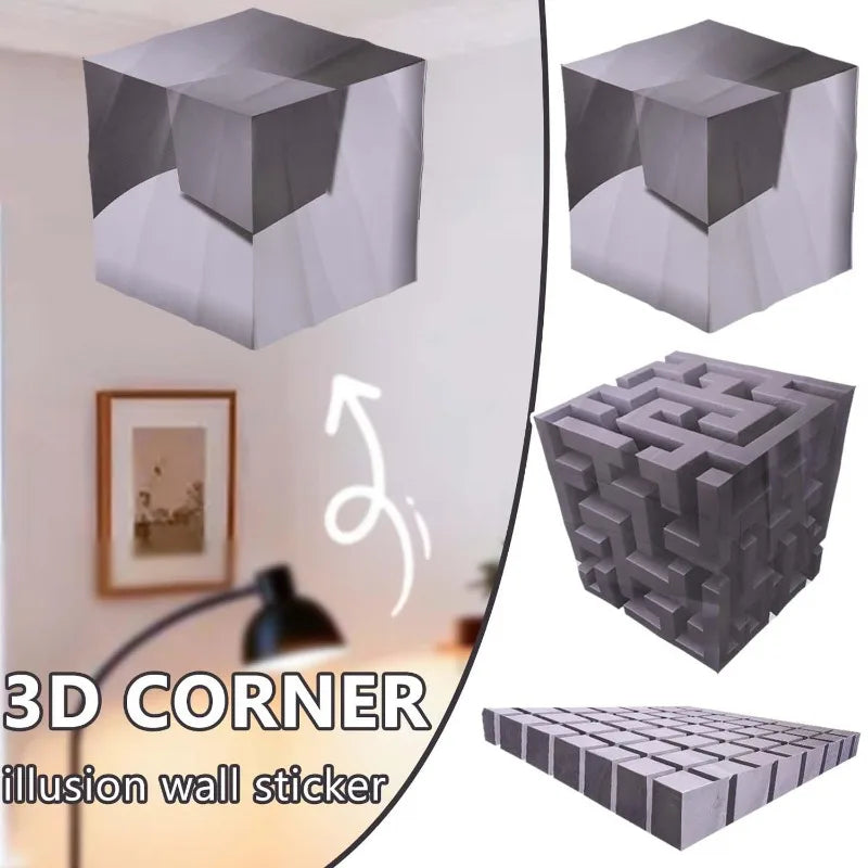 cube 3d illusion optique autocollant mural géométrique moderne lignes noires décoration mur opaque minimaliste