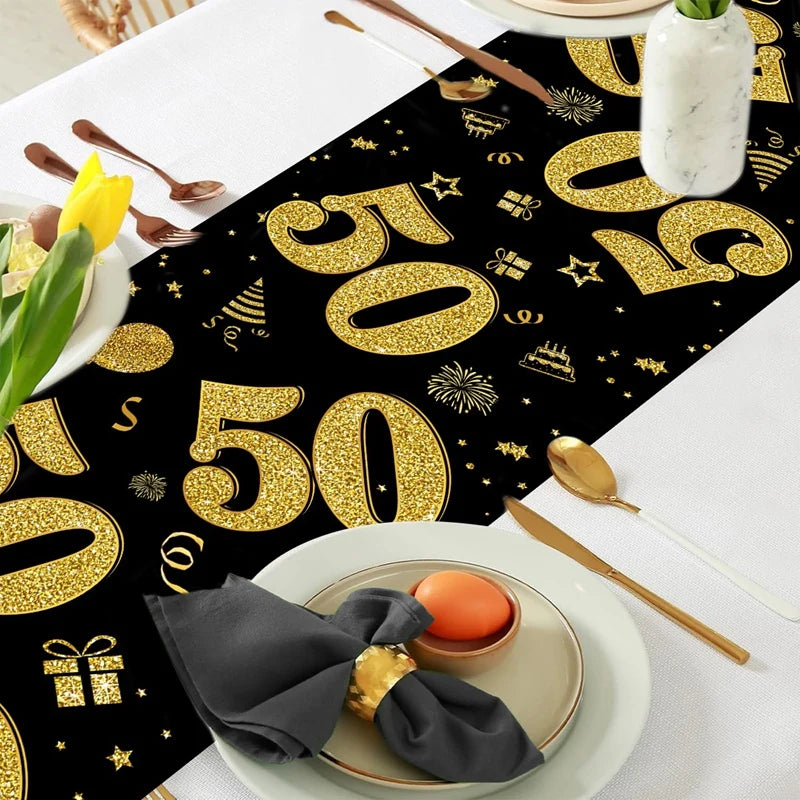 table chemin noir doré anniversaire fête confettis étoiles chiffres polyester occasionnelle thème festive