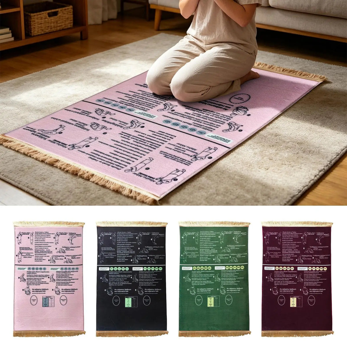tapis prière violet noir graphique moderne antidérapant polyester éducatif bilingue symboles religieux usage maison