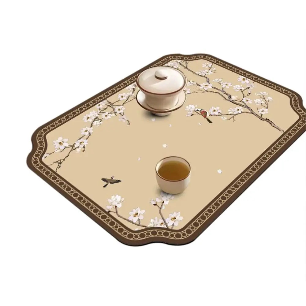 tapis table art traditionnel fleurs oiseaux bleu clair beige brun